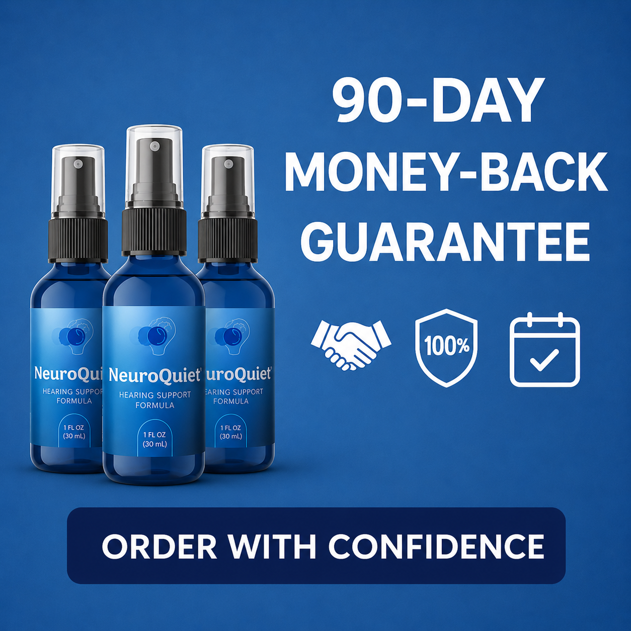 NeuroQuiet 90-day money-back guarantee seal